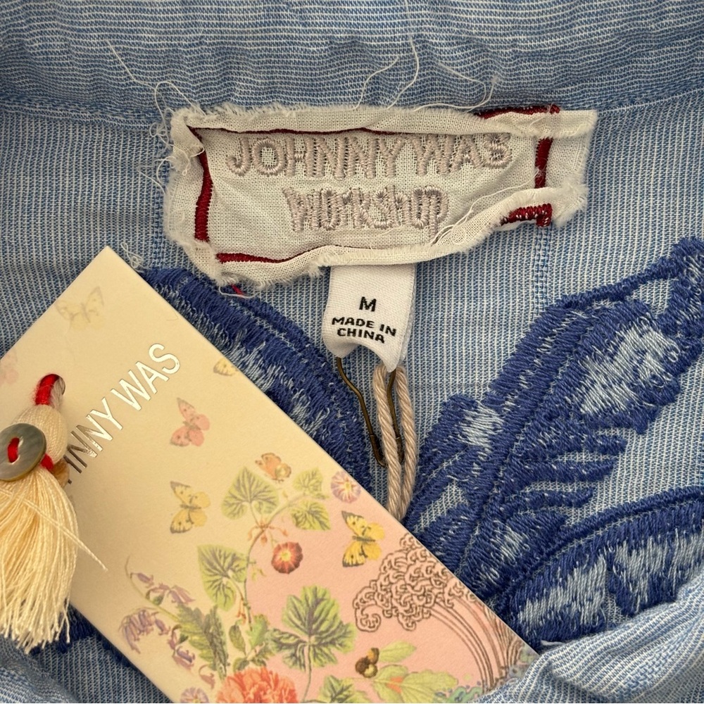 Johnny Was Workshop Tarra Tunic NWT Blue Cotton Blend Tropical Embroidery Boho M - Picture 10 of 11
